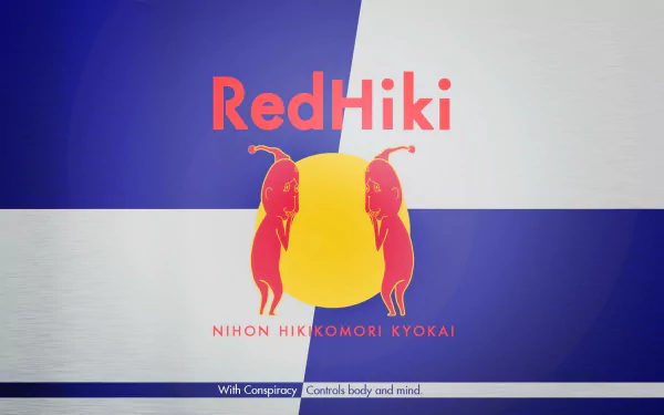 Anime — Welcome To The N.H.K. HD PC desktop wallpaper: RedHiki title, two red silhouettes flanking a yellow sun on a blue-and-white cross background.