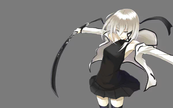 Anime character Zinnia Silane features white eyes and white hair, wielding a katana, set against a smooth gray background, creating a striking HD wallpaper.