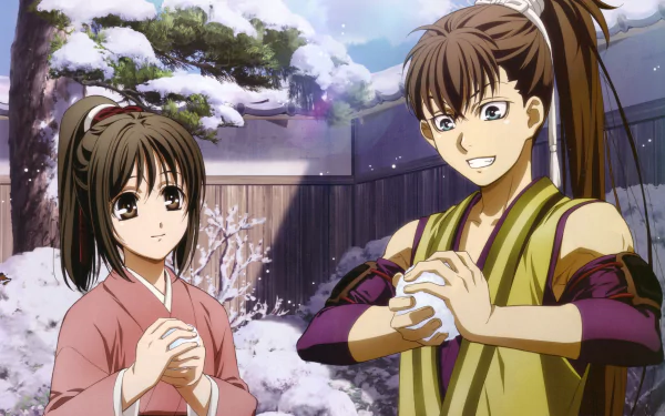 Anime 8K Ultra HD PC desktop wallpaper — Hakuouki Shinsengumi Kitan: two young samurai in traditional dress smiling as they make snowballs in a tranquil snow-covered courtyard.