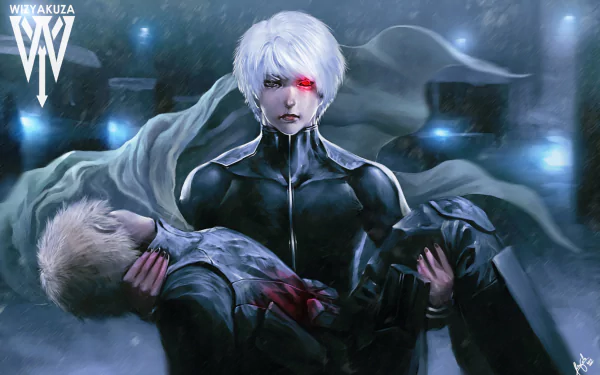 HD desktop wallpaper featuring characters Hideyoshi Nagachika and Ken Kaneki from the anime Tokyo Ghoul. The scene depicts an intense, emotional moment with Kaneki carrying an injured Nagachika.