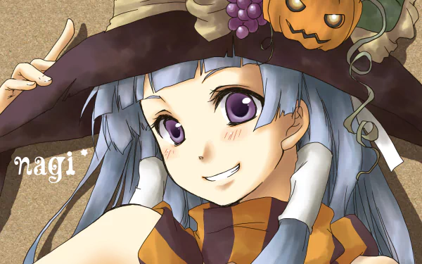 Anime HD PC desktop wallpaper background from Kannagi: Crazy Shrine Maidens — smiling Nagi in a witch hat with a jack‑o'‑lantern ornament, purple eyes and silver hair.