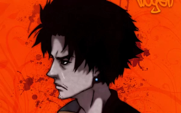 An HD desktop wallpaper featuring a character from Samurai Champloo against a vibrant orange background, showcasing a unique anime style.