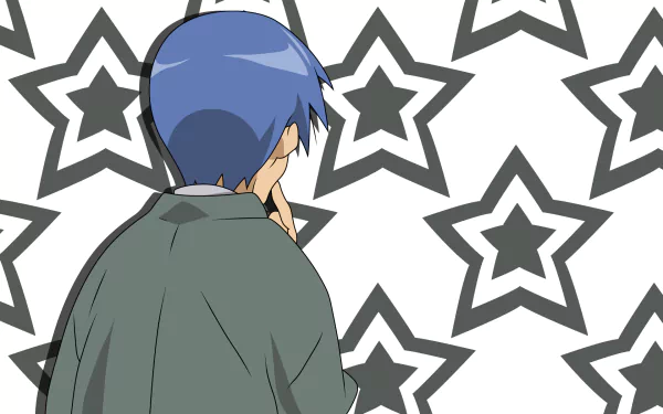 HD PC desktop wallpaper of Soujirou Izumi (Lucky Star), shown from behind with blue hair and a gray coat against a repeating black-and-white star pattern.
