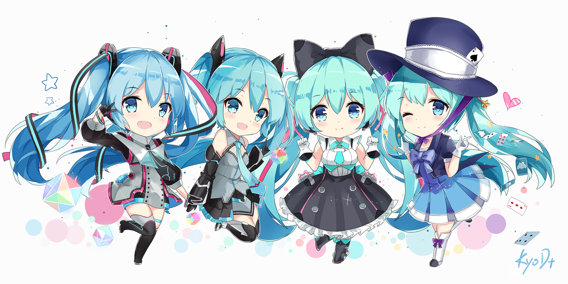 A vibrant HD wallpaper featuring Hatsune Miku, the iconic Vocaloid character, portrayed in four playful anime styles, each showcasing her distinct colorful outfits and cheerful expressions.
