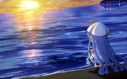 HD anime desktop wallpaper featuring Ika Musume (Squid Girl) gazing at the sunset over a calm ocean shore.