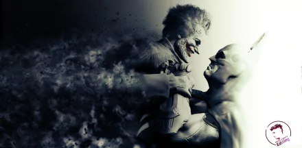 A dramatic HD wallpaper from Batman: Arkham City featuring Batman confronting the Joker, set against a dark, shadowy background, capturing their intense rivalry.