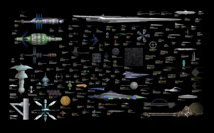 A vivid HD desktop wallpaper showcasing a collection of iconic spaceships and star gates from Babylon 5, Star Trek, and various sci-fi universes, set against a sleek black background.