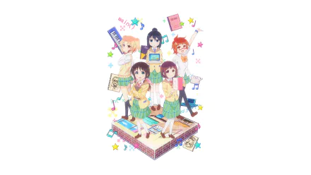 HD PC desktop wallpaper of Stella no Mahou featuring Yumine Fuda, Tamaki Honda, Shiina Murakami, Kayo Fujikawa, and Ayame Seki from the anime Magic of Stella.