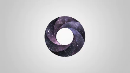 Artistic minimalist HD PC desktop wallpaper featuring a circular galaxy pattern with deep purples and stars on a soft gray background.