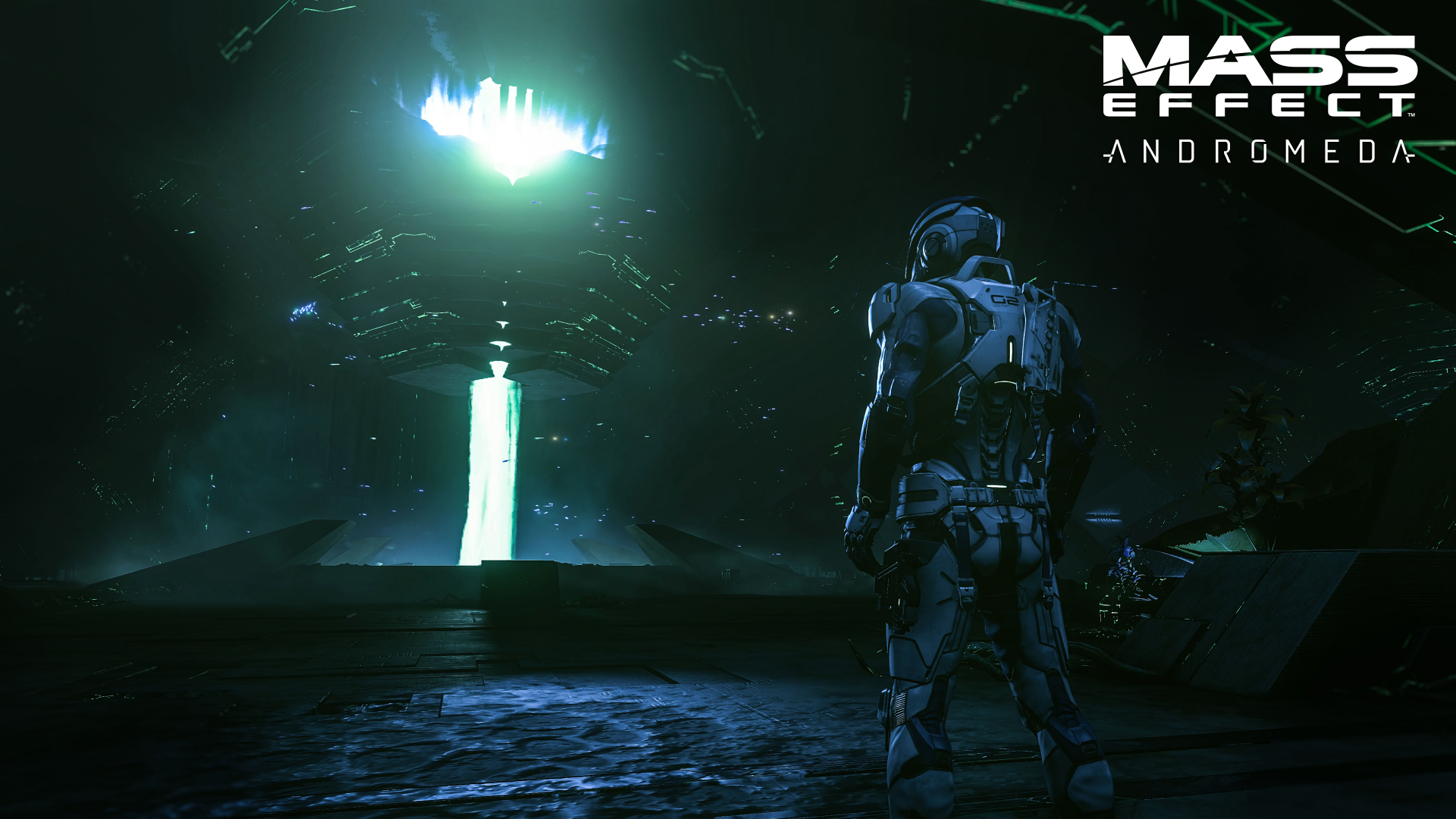 A stunning 4K Ultra HD wallpaper featuring Scott Ryder from Mass Effect: Andromeda, gazing at a mysterious glowing structure in a dark, futuristic setting.