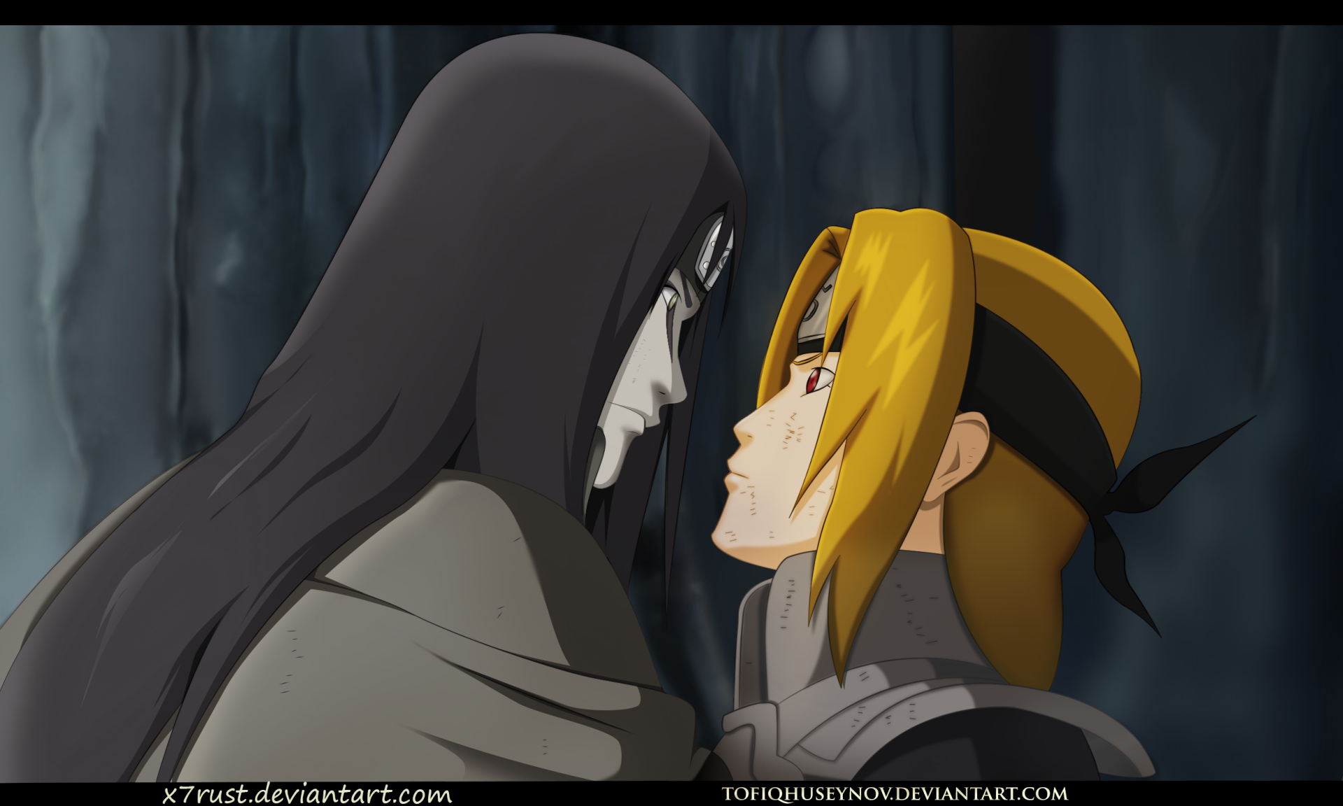HD anime desktop wallpaper featuring Naruto characters Orochimaru and Tsunade facing each other in a tense moment.