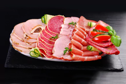 A beautifully arranged platter of assorted meats garnished with fresh vegetables, set against a sleek black background, perfect for a 4K Ultra HD PC desktop wallpaper.