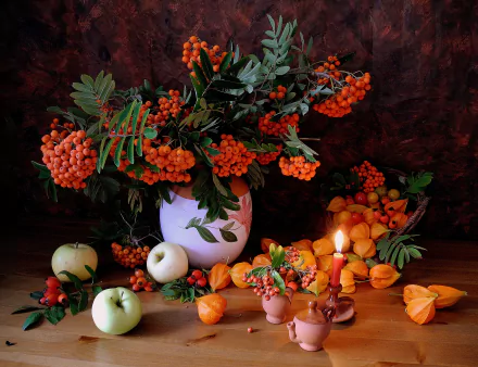 A vibrant still life featuring a vase filled with orange berries and leafy branches, surrounded by apricots, apples, and a candle, set against a warm wooden backdrop.