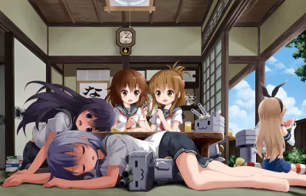 A cozy scene featuring Rensouhou-chan, Hibiki, Shimakaze, Ikazuchi, Inazuma, and Akatsuki from Kantai Collection, relaxing and interacting in a bright, traditional room.
