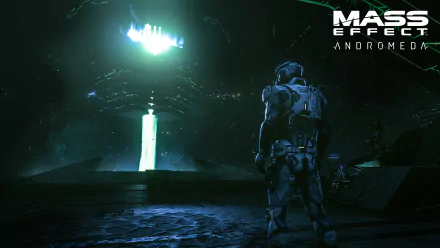 A stunning 4K Ultra HD wallpaper featuring Scott Ryder from Mass Effect: Andromeda, gazing at a mysterious glowing structure in a dark, futuristic setting.