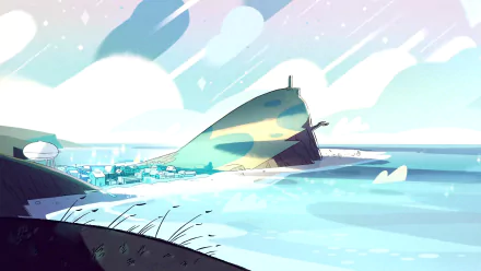 A serene landscape from the TV show Steven Universe, featuring a colorful, stylized beach scene with a prominent, whimsical structure and gentle waves under a pastel sky.