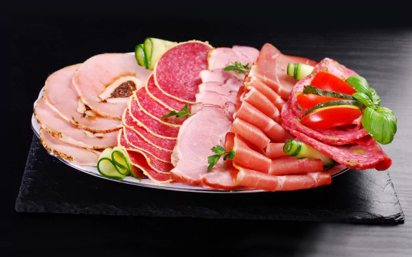 A beautifully arranged platter of assorted meats garnished with fresh vegetables, set against a sleek black background, perfect for a 4K Ultra HD PC desktop wallpaper.