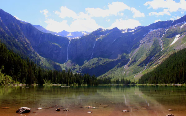 Scenic wilderness view of a mountain lake in Glacier National Park, Montana, captured in high-definition for a nature-themed desktop wallpaper.