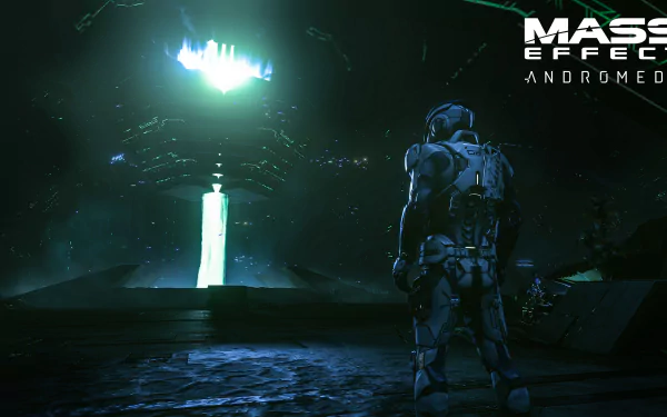 A stunning 4K Ultra HD wallpaper featuring Scott Ryder from Mass Effect: Andromeda, gazing at a mysterious glowing structure in a dark, futuristic setting.