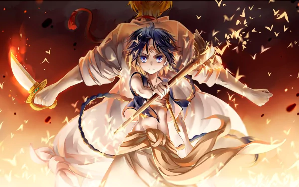 An HD wallpaper featuring Alibaba Saluja and Aladdin from the anime Magi: The Labyrinth of Magic, showcasing a dynamic scene with vibrant colors and striking poses.