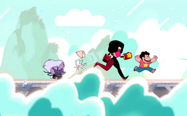 HD PC desktop wallpaper featuring Garnet, Amethyst, Pearl, and Steven from the TV show Steven Universe running joyfully across a scenic background with mountains and clouds.