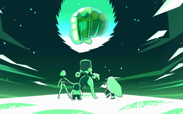 A vibrant HD wallpaper featuring Amethyst, Garnet, Pearl, and Steven from Steven Universe, standing together as a giant green fist looms above them in a dynamic scene.