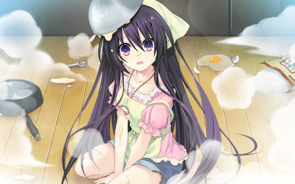 Tohka Yatogami from the anime Date A Live sits amid a mess in a kitchen, wearing a pastel outfit and a headband, with a surprised expression and cooking items scattered around her.