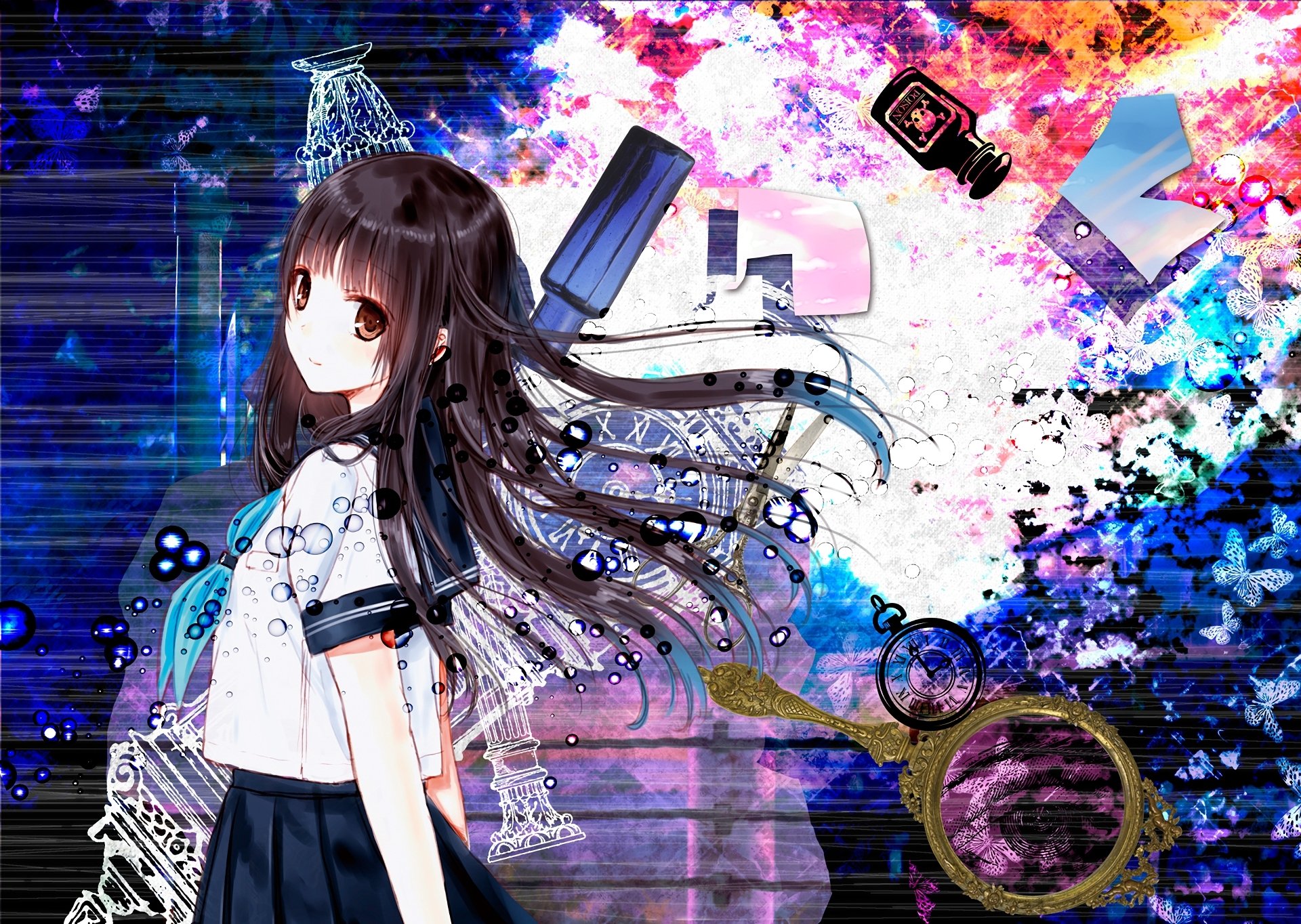 HD anime original desktop wallpaper featuring a girl with flowing dark hair against a vibrant, glitch-inspired background with colorful abstract elements.