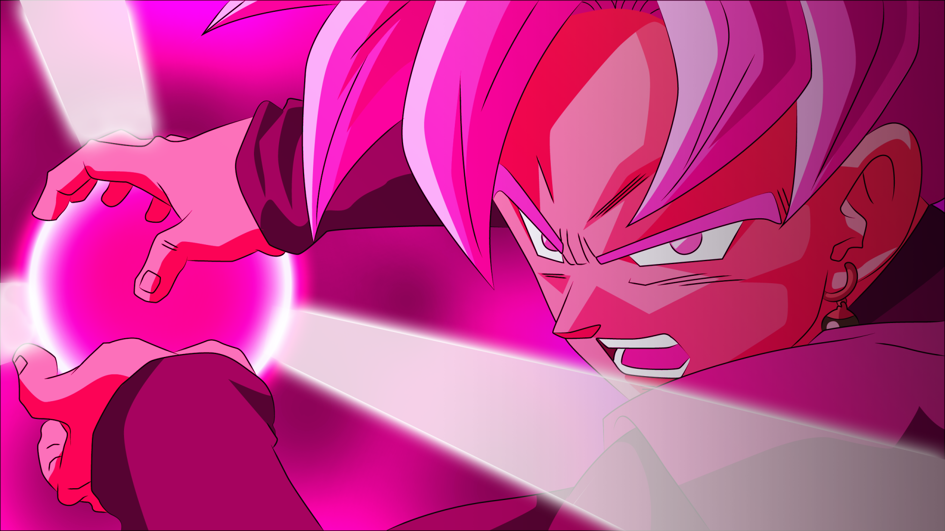 HD desktop wallpaper of Black Goku with pink hair as Super Saiyan Rosé from Dragon Ball Super. The anime character is in an action pose, emitting a powerful energy attack with a determined expression.