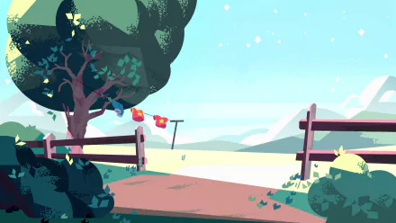 A serene landscape from the TV show Steven Universe, featuring a tree, a path, and a gentle horizon with mountains, creating a vibrant and inviting desktop wallpaper.