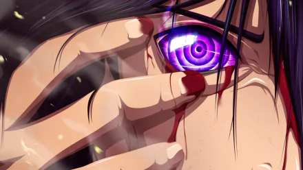 Close-up of an anime character from Naruto, featuring a striking purple eye and a dramatic expression. This high-definition image serves as an engaging desktop wallpaper.
