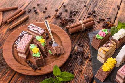 A tempting display of assorted sweets and cake, complemented by coffee beans and cinnamon, set on rustic wooden backgrounds, showcasing a delicious dessert experience.