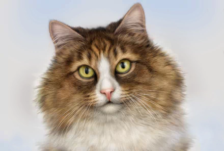 HD digital painting of a cat's face with detailed fur and bright yellow eyes against a soft, light background, designed as a PC desktop wallpaper and background.