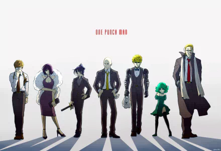 A dynamic HD wallpaper featuring characters from the anime One-Punch Man, showcasing a lineup of heroes and villains in stylish attire against a minimalist background.
