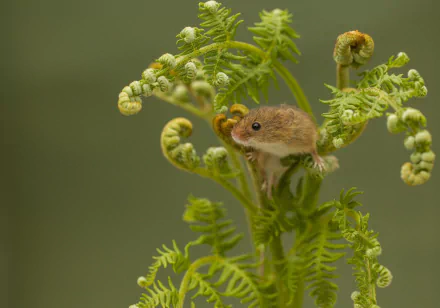 Close-up of a harvest mouse clinging to curled fern fronds; soft green bokeh, HD PC desktop wallpaper background.