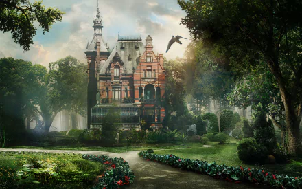 HD desktop wallpaper featuring a grand mansion surrounded by lush garden trees, inspired by the movie Miss Peregrine's Home for Peculiar Children.