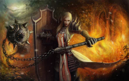Blonde woman warrior Crusader from Diablo III: Reaper of Souls, clad in armor with a large shield and fiery flail, set against a dramatic fantasy battlefield background.