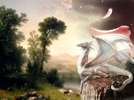 HD desktop wallpaper featuring a fantasy scene with a majestic dragon perched on a rock in a lush, serene landscape. The background showcases a picturesque blend of nature and imaginative elements.