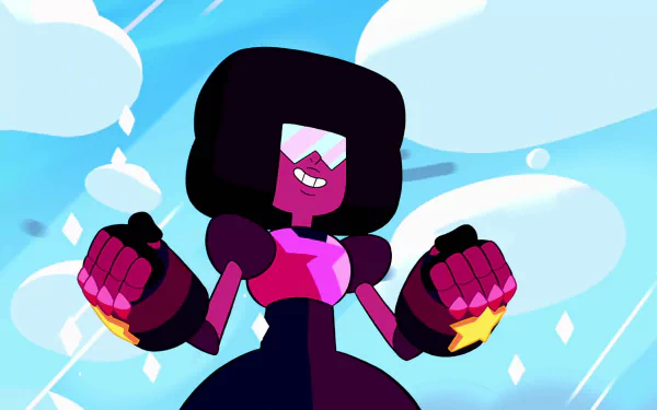 Garnet from the TV show Steven Universe stands confidently, showcasing her signature style with a joyful expression against a bright, cloud-filled background in this HD wallpaper.