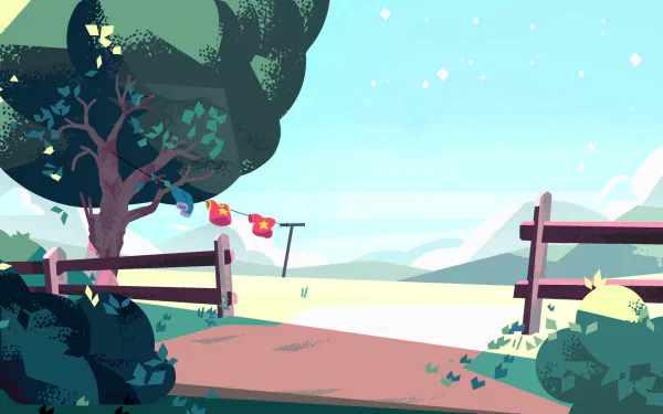 A serene landscape from the TV show Steven Universe, featuring a tree, a path, and a gentle horizon with mountains, creating a vibrant and inviting desktop wallpaper.