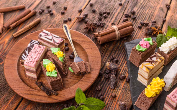 A tempting display of assorted sweets and cake, complemented by coffee beans and cinnamon, set on rustic wooden backgrounds, showcasing a delicious dessert experience.