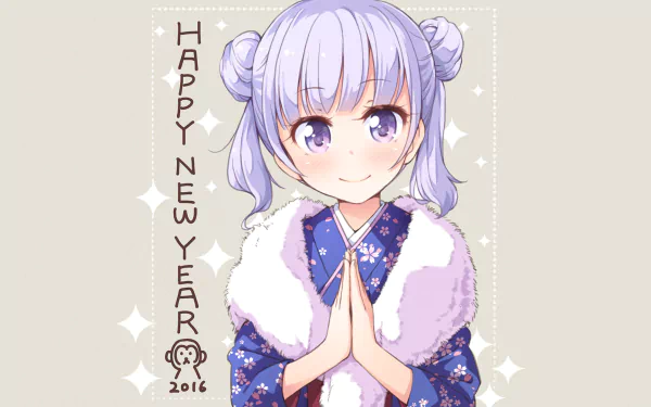 HD PC desktop wallpaper of Aoba Suzukaze from New Game!, smiling with hands clasped, dressed in a blue kimono and white fur stole on a soft beige background with Happy New Year text.