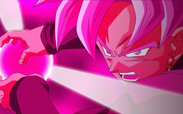 HD desktop wallpaper of Black Goku with pink hair as Super Saiyan Rosé from Dragon Ball Super. The anime character is in an action pose, emitting a powerful energy attack with a determined expression.