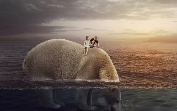 A little boy and girl sit atop a giant polar bear floating in a calm ocean at sunset, creating a whimsical fantasy scene.