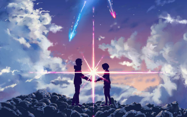 An HD anime desktop wallpaper featuring Taki Tachibana and Mitsuha Miyamizu from Your Name. They stand under a sky with vibrant clouds and a comet, with a glowing cross symbol between them.