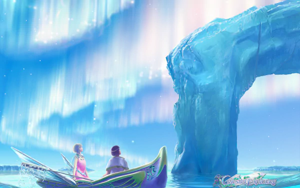 Artistic fantasy HD PC desktop wallpaper: a couple in a canoe drifting beneath shimmering auroras, framed by a glowing blue ice arch over a tranquil, luminous sea.
