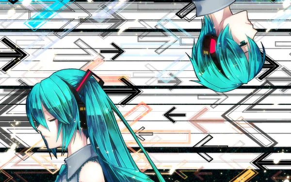 HD anime wallpaper featuring Vocaloid characters Hatsune Miku and Hatsune Mikuo with vibrant teal hair against a dynamic background of black and orange arrows.