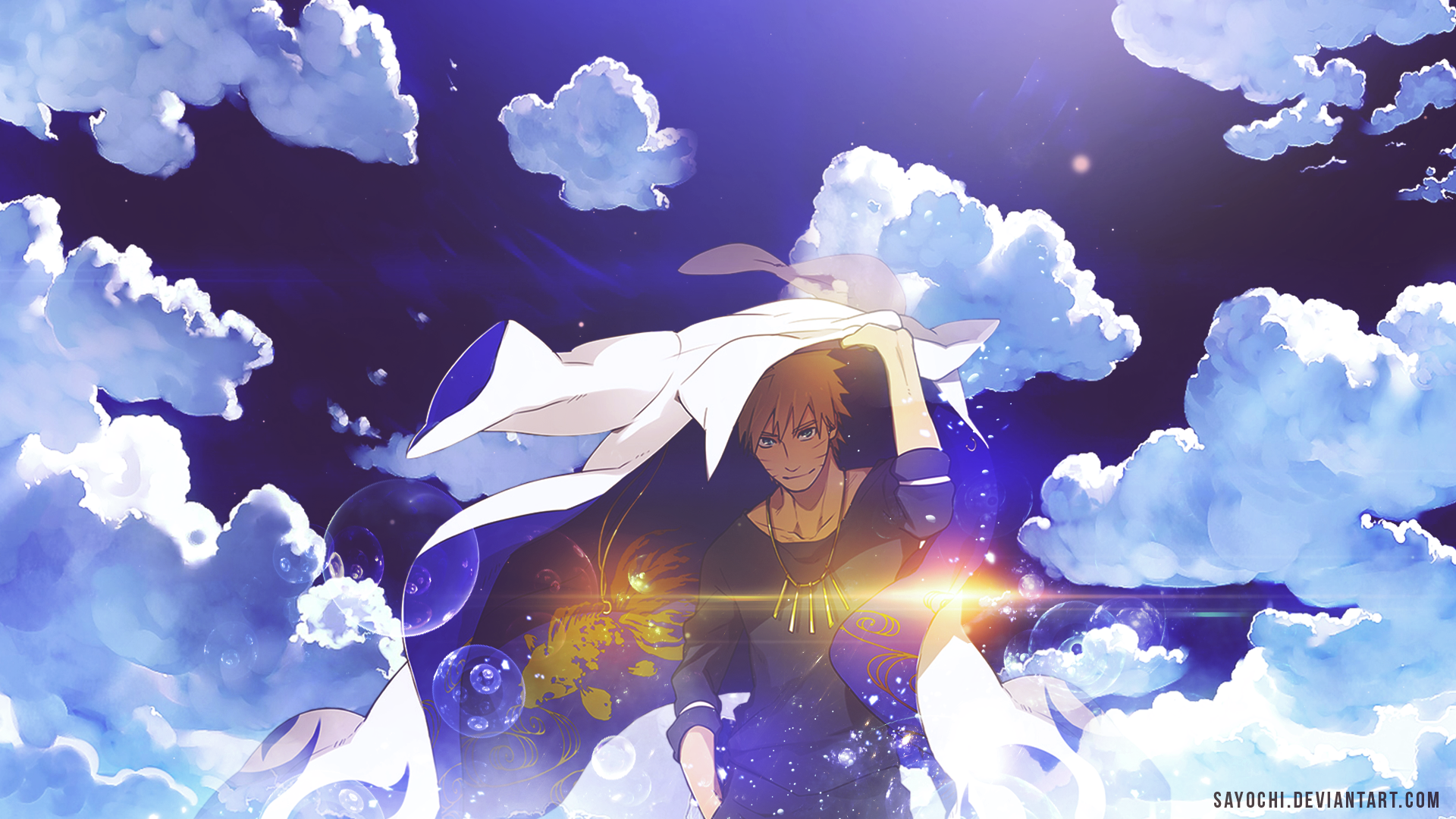 A vibrant HD wallpaper featuring Naruto Uzumaki from the anime Naruto, set against a backdrop of blue skies and fluffy clouds, capturing a moment of determination and strength.
