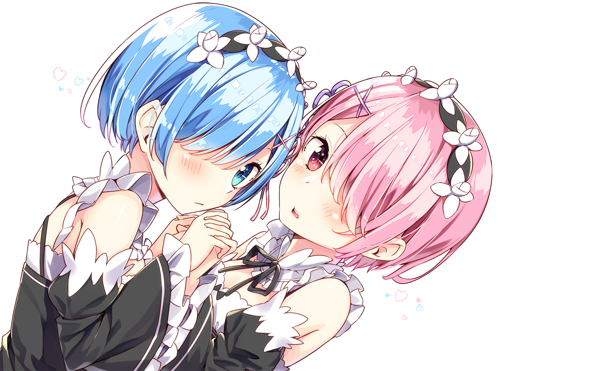 HD wallpaper featuring Rem and Ram from *Re:ZERO - Starting Life in Another World*, showcasing their distinct hairstyles and expressions in a vibrant anime style.