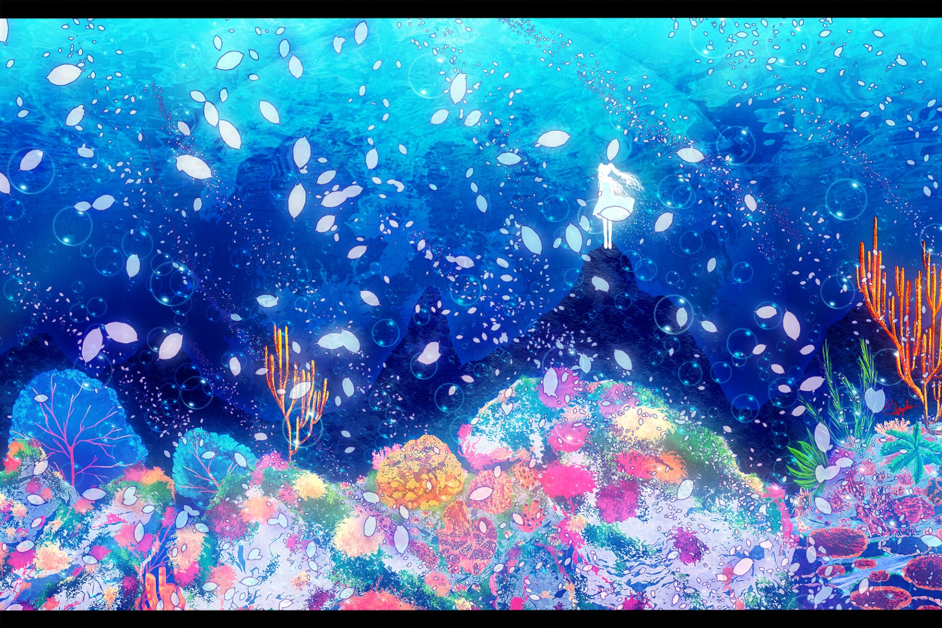 HD PC desktop wallpaper featuring vibrant underwater anime art inspired by Hatsune Miku and Vocaloid, with glowing corals and floating petals in a deep blue sea.